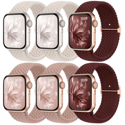 Image of 6 Pack Braided Stretchy Bands Compatible with Apple Watch Band 38mm 40mm 41mm 42mm 44mm 45mm 46mm 49mm Women Men, Adjustable Nylon Solo Loop Elastic Straps for iWatch Series 11 10 9 8 7 6 5 4 SE Ultra