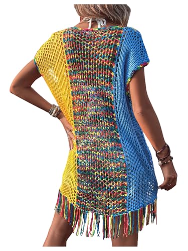 SHENHE Women's Fringe Hem Color Block Knitted Crochet Swim Coverup Sheer Beach Dress2