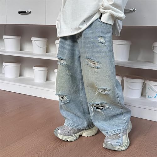 Boys Casual Straight Leg Denim Pants Elastic Waist Ripped Jeans for Everyday Wear Comfortable Outdoor Trousers2