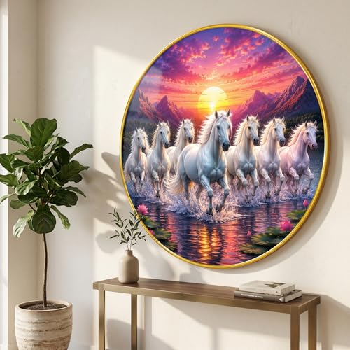 Image of SAF 7 Horse Vastu Round Wall Painting with Premium PVC Golden Frame, White Running Horses Mountain Sunrise Lake Art for Living Room Office Home Decor Gift (16 x 16 Inch) GRM-441