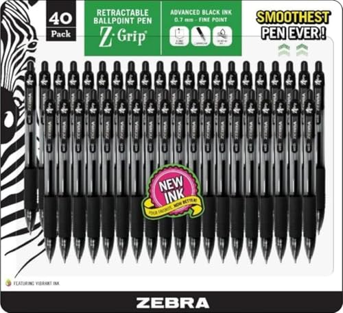 Zebra Z-grip Ballpoint Pens - Black Retractable Fine Point 0.7mm, Pack of 40