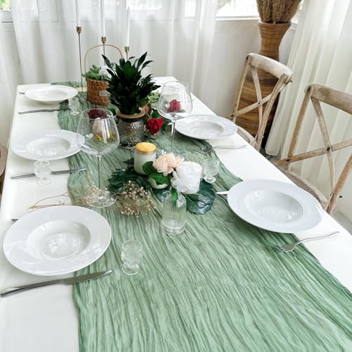 Sevenpers Sage Green Cheesecloth Table Runner, 90x300cm(35"x118"), Pleated, Boho Style - Image 2