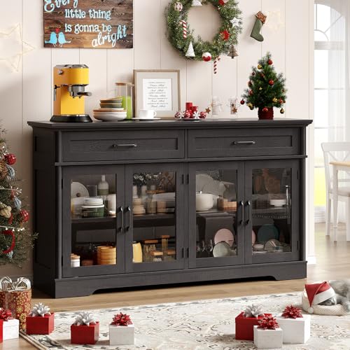 ONBRILL Buffet Cabinet with Storage, 60' Sideboard Cabinet with 4 Glass Doors and 2 Drawers, Modern...