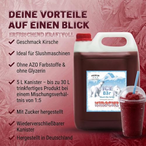 ICE Bär Slush Konzentrat Geschmack: Kirsche Rot 5 L | Ergibt 30 L Slush | Glycerinfrei & AZO-frei | Fertigmix ohne Zuckerzusatz… – Ansicht 3