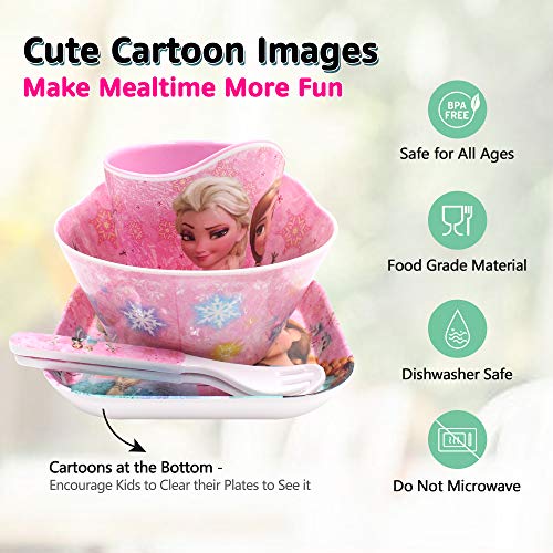 Finex Frozen Queen Elsa Princes Anna 5 Pcs Set Children Cartoon Durable Tableware Meal Dishes Mealtime Food Feeding Eating Set includes Dinner Serving Bowl Plate Cup with a Matching Spoon & Fork Kids