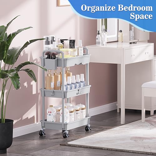 Image of SUNALLY 3 Tier Rolling Cart with Drawer, Bathroom Storage Organizer with 2 Lockable Wheels, Multifunctional Rolling Storage Cart for Bathroom, Kitchen, Office, Craft, Makeup, Baby Essentials, Gray