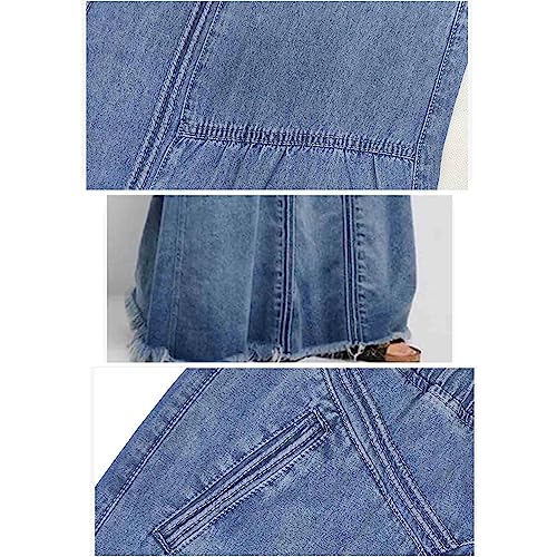 Women's Casual Elastic Large Size Women's Denim Skirt Waist Frayed Hem A-Line Distressed Hippie Long Maxi Denim Skirt3