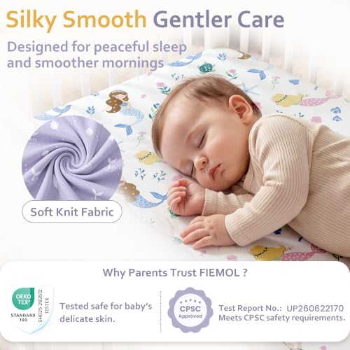 Image of Baby Bedside Bassinet Sheets Fitted, 33 inchx20 inch Compatible with Baby Delight Dream On Me & Most Rectangle Bedside Sleeper Bassinet Mattresses, Super Soft Microfiber Purple Mermaid