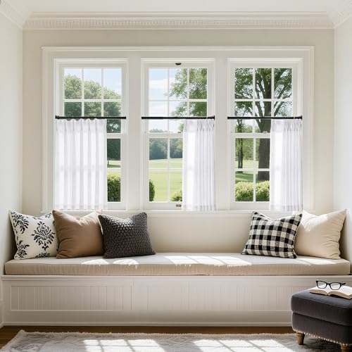 Image of Pinch Pleated White 36 Inch Length Kitchen Curtains 2 Panels Set Linen Blend Semi Sheer Privacy Pinch Pleat Back Tab Light Filtering Curtains for Bathroom Window Small Window Drapes for Laundry
