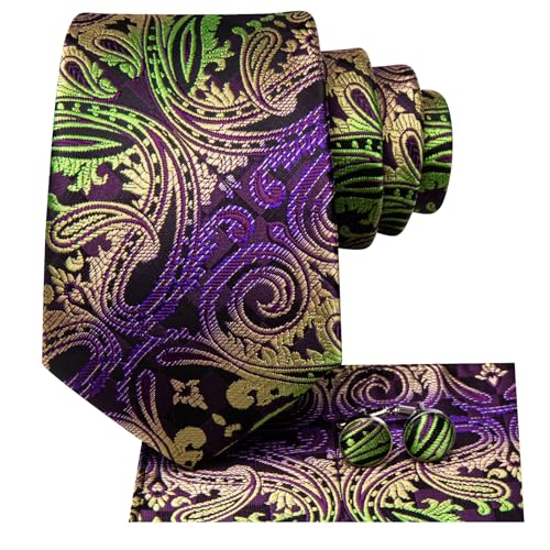Image of Hi-Tie Paisley Floral Ties Set for Men Silk Mens Stripes Necktie Pocket Square Cufflinks Set Formal Business