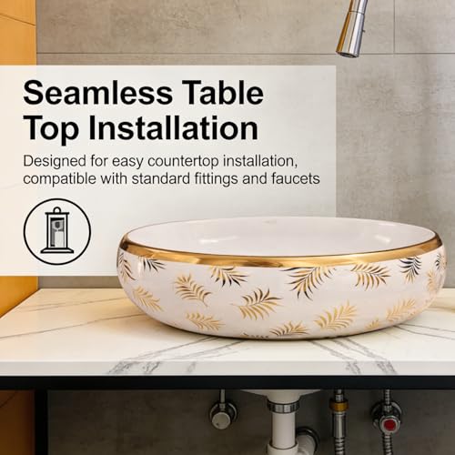 Image of Wallace Designer Oval Table Top Wash Basin 60x40x15 cm | White Ceramic Countertop Vessel Sink with Gold Leaf Pattern | Premium Over Counter Luxury Bathroom Basin