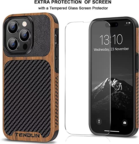 Tendlin Compatible With Iphone 14 Pro Case Wood Grain With Carbon Fiber Texture Design Leather Hybrid Slim Case Black #TOP7