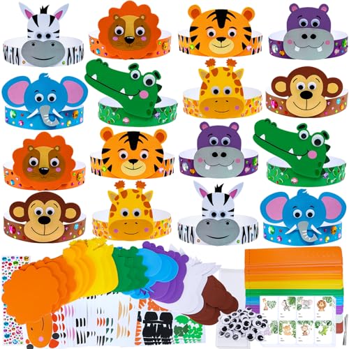 Winlyn 24 Sets Jungle Animal Headbands Craft Kits Safari Crown Art Sets DIY Zoo Party Headbands Foam Stickers Arts and Crafts for Kids Jungle Safari Birthday Activities Party Favors Decorations
