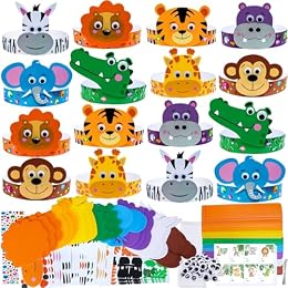 Winlyn 24 Sets Jungle Animal Headbands Craft Kits Safari Crown Art Sets DIY Zoo Party Headbands Foam Stickers Arts and Crafts for Kids Jungle Safari Birthday Activities Party Favors Decorations