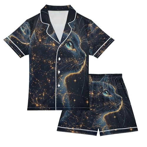 senya Pajama Sets Silky Button Down Nightwear Sleepwear Size 5-14 Years Cat Constellation