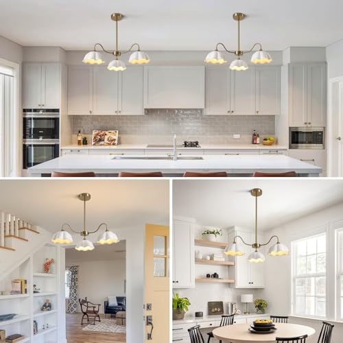 Image of Semi Flush Mount Chandelier Mid Century Modern Sputnik Chandelier with White Ceramic Shade 3-Light Gold Brass Chandelier Living Room Ceramic Ceiling Light