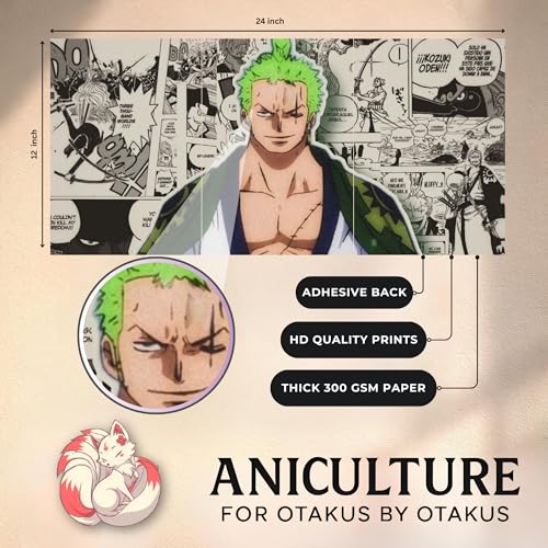 Image of Aniculture One Piece Roronoa Zoro Split Poster Set of 3, A4 Size Each - Panoramic Anime Wall Art Collage - 300 GSM Ultra HD Print Quality - Self-Adhesive - 24 x12 Inches Large Decor