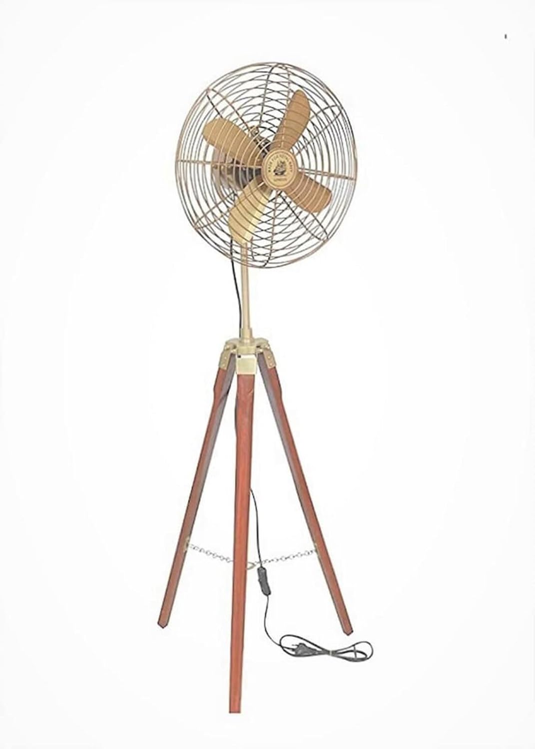 Generic Brass Floor Fan With Wooden Adjustable Tripod Stand - Electric Pedestal Working Vintage Royal Navy Floor Fan With Brown Wooden Tripod - Working Cooling Floor Fan, 55 Inches, BF-IAH-01