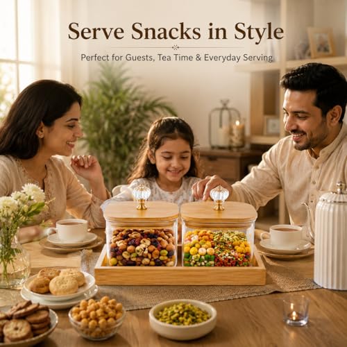 Image of 500ML Glass Storage Jar Set with Bamboo Tray & Airtight Bamboo Lid, Transparent Kitchen Containers for Dry Fruits, Snacks, Candy, Mukhwas & Tea Storage, Set of 2