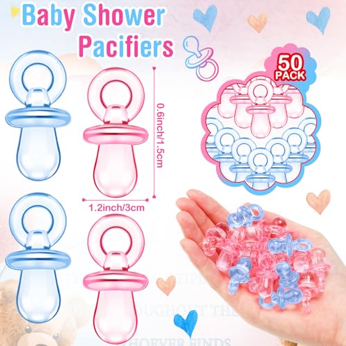 Image of Thyle 51 Pcs Bear Pacifier Hunt Baby Shower Games Include Hunt Sign and 50 Acrylic Pacifiers for Pink and Blue Baby Shower Game Decoration Sets Gender Reveal Newborn Announcement Party Decor