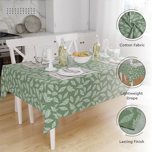 Image of Encasa XO Dining Table Cover Cloth for 6 to 8 Seater (56 inchx91 inch) | Cotton Rectangular Dining Table Cloth - Machine Washable Rectangle Tablecover for Wedding, Party, Buffet - Big Leaves Green