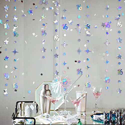 Image of Iridescent Number 16 Circle Dot Twinkle Star Garland Kit Metallic Hanging Streamer Bunting Banner Backdrop Decorations for Girls 16th Birthday Sweet Sixteen Wedding Anniversary Bridal Shower Party