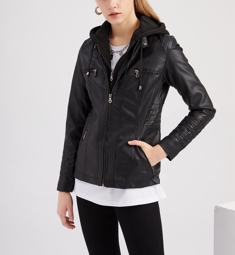 E-girl Damen Kunstleder Kapuzen-Bikerjacke RV | Abnehmbare Kapuze, Kordeln, Brust-RV-Taschen, Taillen-RV-Taschen. Kapuzenjacke, Biker-Jacke