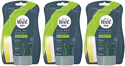 Veet Men Dusch-Haarentfernungscreme 3er Pack für Oberkörper & Beine - Enthaarungscreme für Männer, für normale Haut - 3 x 150 ml inkl. Schwamm