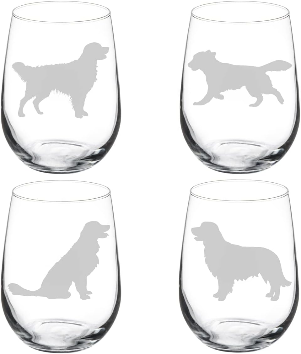 MIP Set of 4 Wine Glass Goblet Golden Retriever Collection (17 oz Stemless)