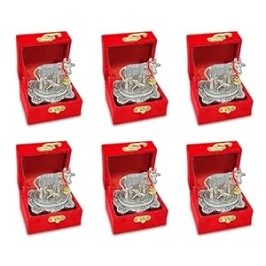 NOBILITY Pooja Items Diwali Gift Antique Silver Small Kamdhenu Cow and Calf with Red Box Metal Statue Decorative Item Showpiece for Home Office Decoration Wedding Return Gifts 6 Pcs