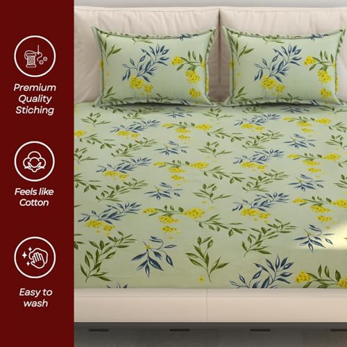 Image of SEJ by Nisha Gupta Bedsheet for Double Bed with Pillow Cover | 300 Tc Cotton Feel Microfibre Floral Printed Soft Bed Sheet & Wrinkle Free | Perfect for Home Decor | Size 230 X 240 Cm Green