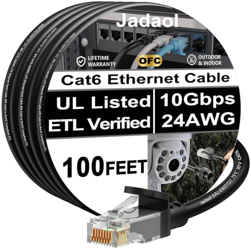 Jadaol [UL Listed] Snagless Cat6 Ethernet Cable 100 ft 10Gbps, PoE++, Black