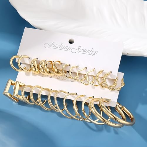 17IF 12 Pairs Gold Hoop Earring Set for Women Chunky Smooth Surface Trendy Small to Big Stud Earring Lightweight Twisted Pearl Ear Pack4