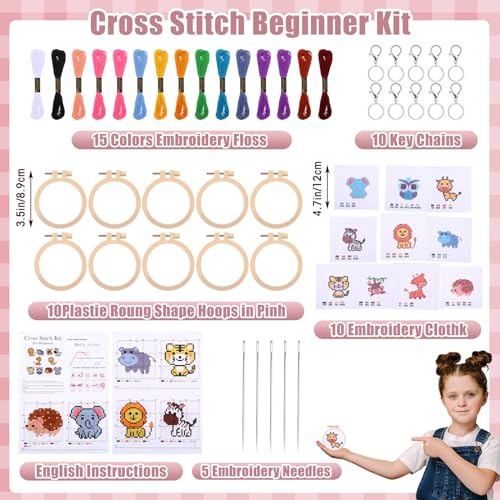 Image of Juinte 10 Pack Stamped Cross Stitch Beginners Kits for Kids Embroidery Starter Cross Kit with Woodland Animal Patterns DIY Needlepoint Sewing Set with Instruction for Key Chain Backpack Charms Craft