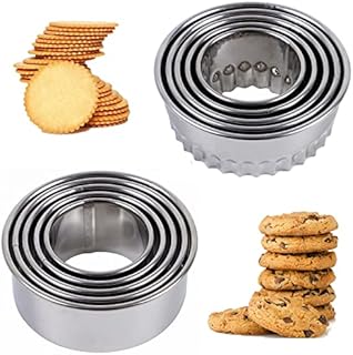 10 pcs Cookie Cutters - Stainless Steel Circle Round Biscuit Cutters Set/ Dumpling Skin Cutters/Cake Pastry Cutters Molds for Cake Cookie Scone Pastries Doughs and Doughnuts (Round and Flower Edge)