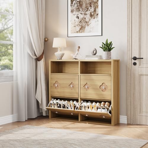 Image of GarveeHome Shoe Storage Cabinet with 4 Flip Drawers & Adjustable Shelves | Floral Pattern, Shoe Cabinet for Entryway, Hallway, Living Room, Narrow Wooden Shoe Cabinet, Natural