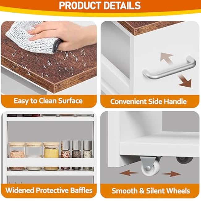 Smartxchoice 4 Tier Slim Storage Cart, Narrow Rolling Utility Cart with Handle, Wooden Shelving Unit Organizer Trolley for Small Spaces Laundry, Kitchen, Dining Room, Living Room, Narrow Places, White-wY7PSWpu
