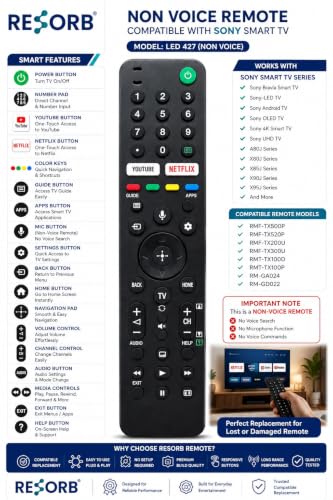 Image of Sony Bravia TV Remote Compatible with Smart LED OLED UHD 4K TV Models RMF-TX500P RMF-TX500E, Non-Voice Replacement Remote Control, Black, LED 427 NVC