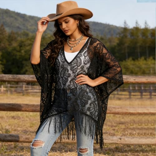 Image of SANNIDHI Women's Lace Beach Cover Up Embroidered Swimsuit Coverups Full Sleeve Boho Sheer Bathing Suit Swim Dress for Poolside, Seaside and Party