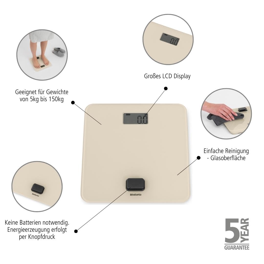 Brabantia - ReNew Badezimmerwaage - Batteriefrei - Waage Wiegt bis zu 150 kg - Genaues System - Rutschfeste Schutzkappen - LED-Anzeige - Glasoberfläche - Soft Beige - 30 x 30 cm