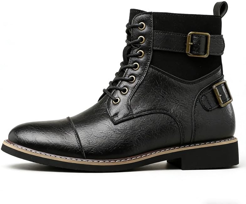 Men's Cap Toe Combat Boots Lace-Up Ankle Boots with Buckle Straps Retro Work Boot Design