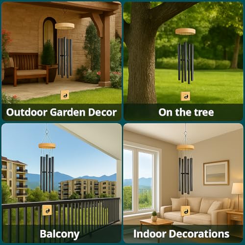 Image of 6 Pipe Wind Chimes for Home & Balcony - 28 Inch Aluminum Chime with Pleasant Soothing Tones | Positive Energy & Good Luck Outdoor Garden Decor | Housewarming Gift for Home & Patio (Black)