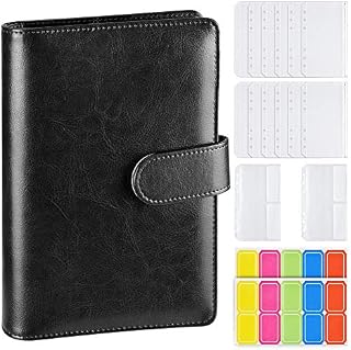 A6 PU Leather Ring Binder, 6 Round Rings Refillable Notebook Binder 14pcs Plastic Zippered Envelopes Pockets, Travel Writing Notebook Diary Binder with Label Stickers- Black