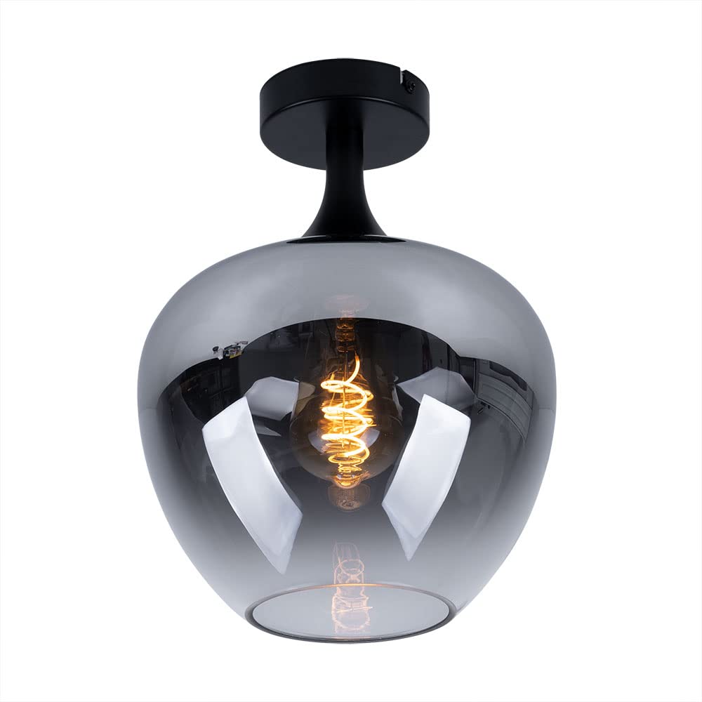 Deckenlampe Rauchglas Wohnzimmerleuchte Deckenleuchte Schlafzimmer, Metall schwarz, 1x E27, DxH 24x31,5 cm