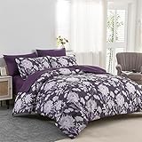7 Piece Bed in a Bag Floral Comforter Set Queen Size, White Botanical Flowers Printed Purple Comforter and Sheet Set, All Season Soft Microfiber Complete Bedding Set(Purple,Queen)