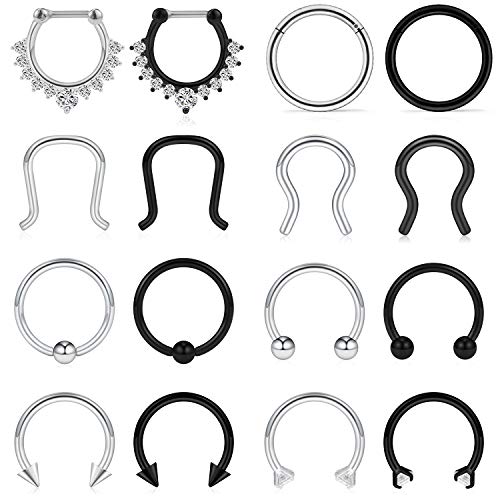 Ruifan 16G Horseshoe Circular Barbell and Nose Ear Daith Septum Clicker Ring with Clear CZ Gems 316L Surgical Steel