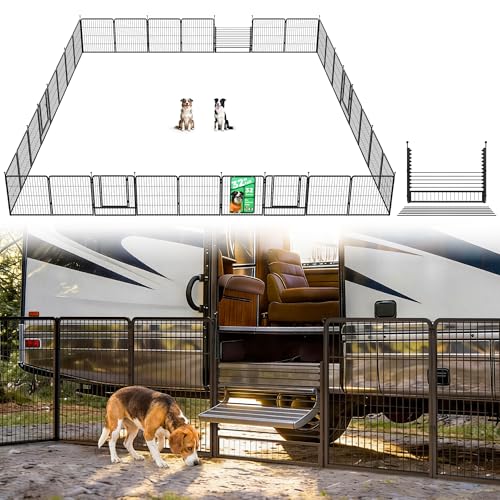Image of FXW Instant Dog Playpen with RV Step Grid for RV Camping, 32 inch H, 32 Panels | Quick-Setup & Heavy-Duty Play Yard, Helps Close Stair Gaps, Fits 30 inch RV Step Opening, For Small & Medium Dogs, Patented