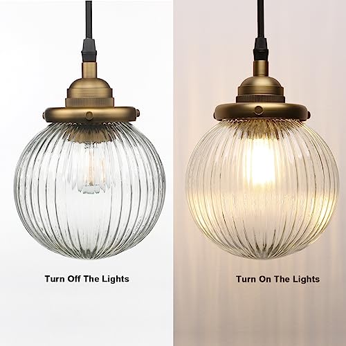 Yosoan 1-Light Vintage Kitchen Hanging Pendant Light Fixture, Single Hardwired Indoor Vanity Luxury Retro Textured Striped Round Glass Shade Samll Lamp For Dinning Room Living Room Island thumb #5