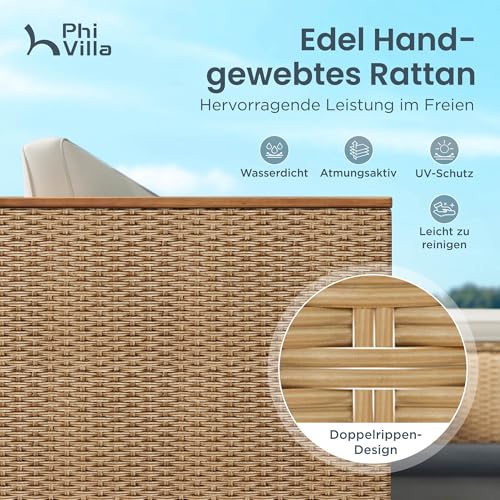 PHI VILLA 3 Teilig Gartenmöbel Set Balkonmöbel, Rattan Lounge Möbel Outdoor mit 1 Chaiselongue, 1 Zweisitzer-Sofa und 1 Kleiner Couchtisch, 4 Personen Terassenmöbel Außen Gartensofa