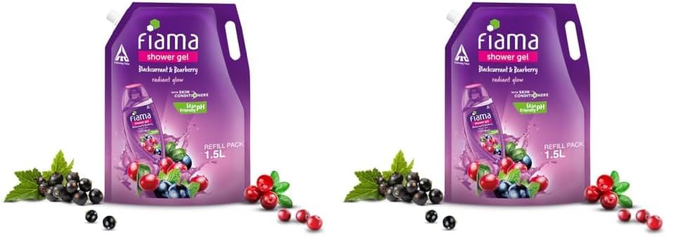 Image of Fiama Body Wash Shower Gel Blackcurrant & Bearberry, 1.5L Bodywash Refill Value Pouch for Women & Men with Skin Conditioners for Radiant Glow, Skin Friendly pH, Suitable for All Skin Types (Pack of 2)